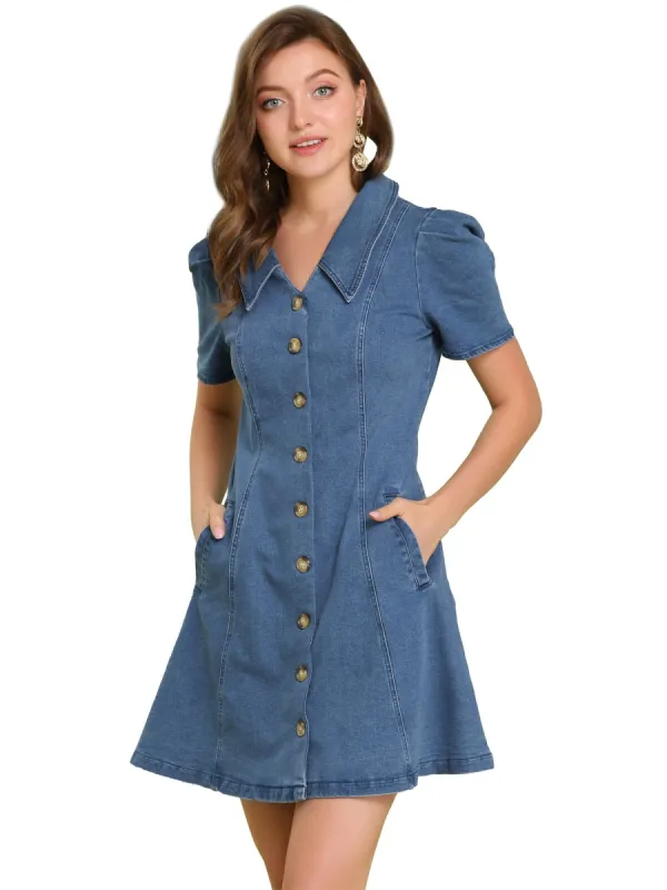 Womens Turndown Collar Vertical Pocket Demin Dress sold by Allegra K