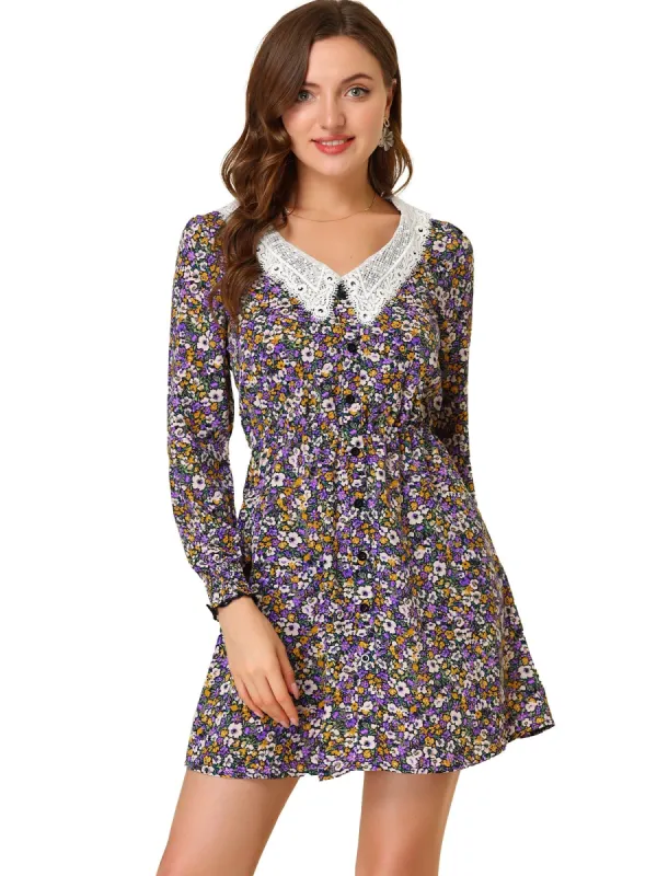 Women's A-line Long Sleeve Elegant V Neck Floral Dress sold by Allegra K