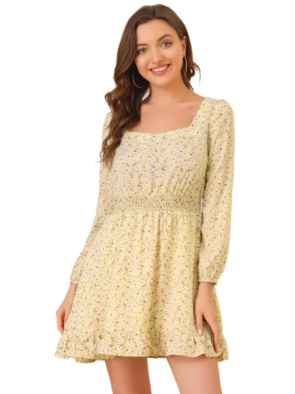 Women's Smocked Waist Ruffle Square Neck Elegant Mini Floral Dress sold by Allegra K