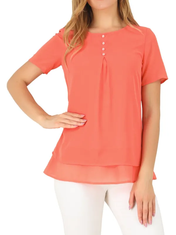 Women's Round Neck Button Decor Double Layered Chiffon Solid Blouse Top made by Allegra K