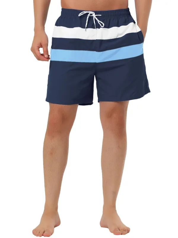 Men's Swim Shorts Summer Striped Color Block Drawstring Waist Beach Board Shorts sold by Allegra K