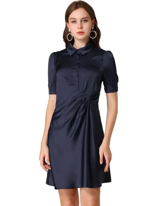 Women's Half Placket Office Ruched Short Sleeves Satin Dress sold by Allegra K