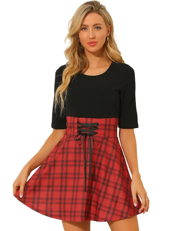 Women's Round Neck Stitching Dress Half Sleeves Tie Decor A-Line Plaid Dress sold by Allegra K