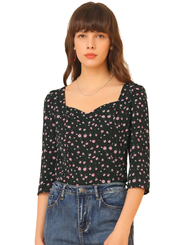 Women's Vintage Floral Sweetheart Neck 3/4 Sleeve Chiffon Blouse Top made by Allegra K
