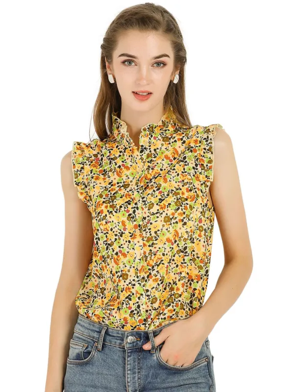 Women's Sleeveless Ruffle Neckline Button Down Floral Top sold by Allegra K