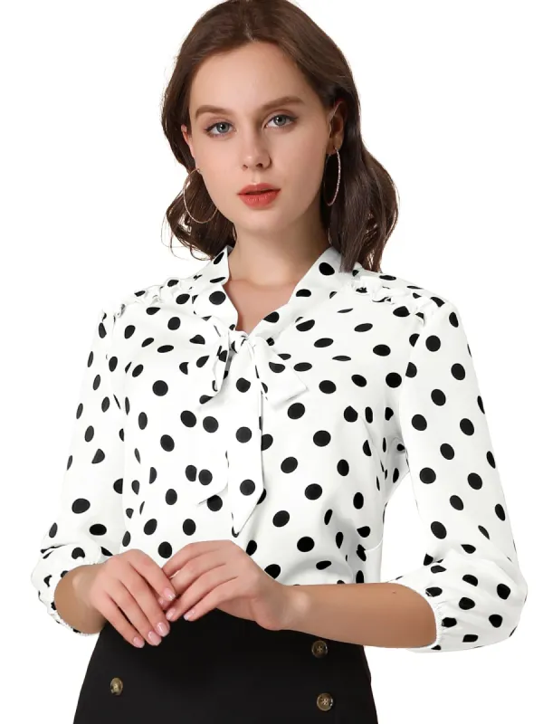 Women's Polka Dots Ruffle Shoulder Elastic Cuff Bow Tie Neck Blouse sold by Allegra K