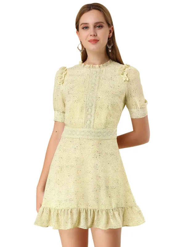 Women's Dots Fit and Flare Ruffle Hem Floral Lace-Inset Mini Dress sold by Allegra K