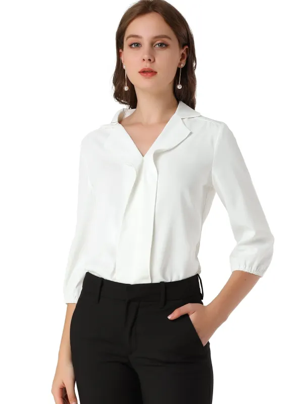 Women's V Neck 3/4 Sleeves Collared Work Office Top Blouse made by Allegra K