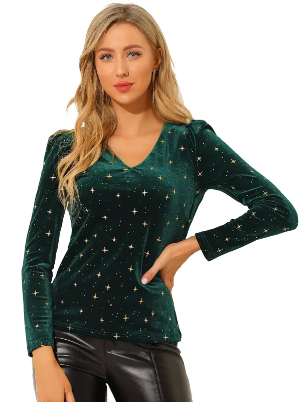 Women's Velvet V-Neck Long Sleeve Gilding Metallic Shiny Star Blouse Top sold by Allegra K