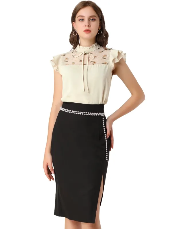 Women's Elegant Work Tie Ruffle Stand Collar Top Contrast Lace Panel Short Sleeve Blouse sold by Allegra K