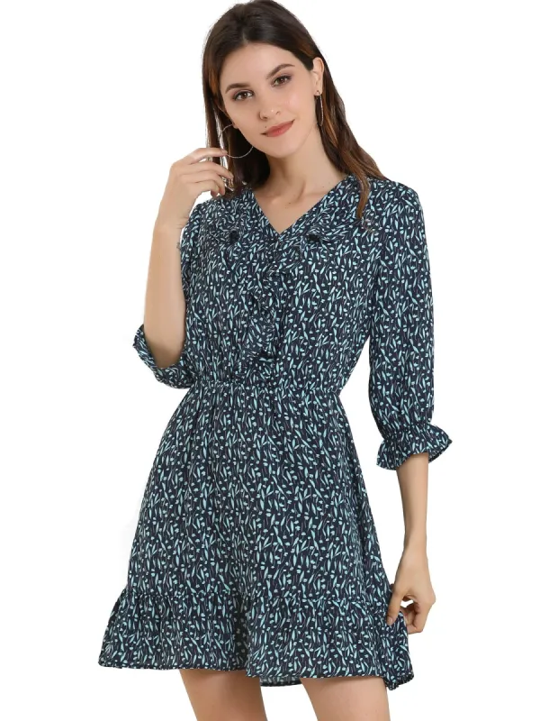 Women¡¯s V-Neck Casual Ruffle 3/4 Sleeve A-Line Floral Print Mini Dress sold by Allegra K