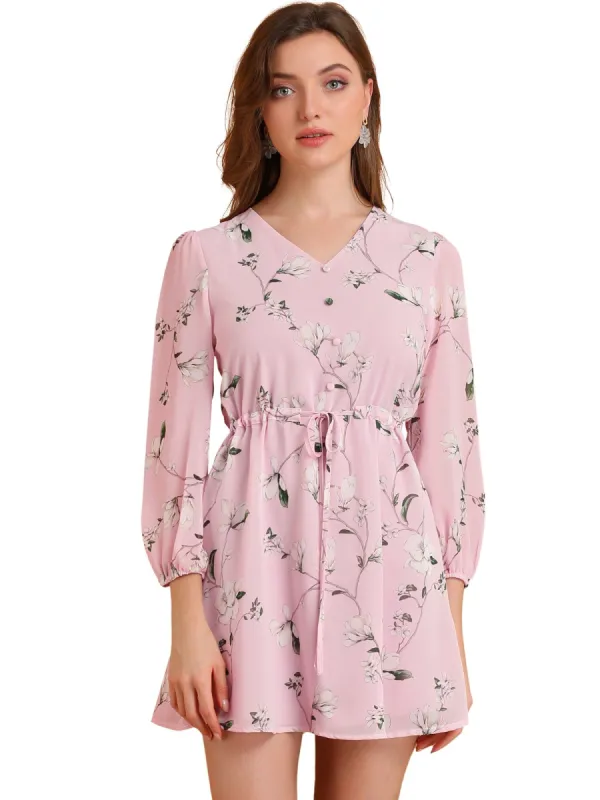 Women's Floral A-line V Neck Puff Sleeves Flowy Chiffon Dress sold by Allegra K