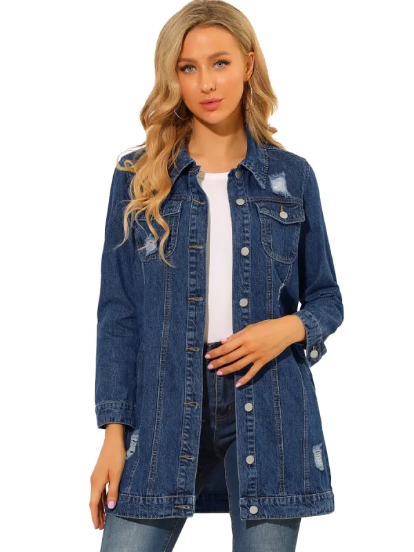 Women's Distressed Long Sleeve Ripped Casual Denim Jacket sold by Allegra K