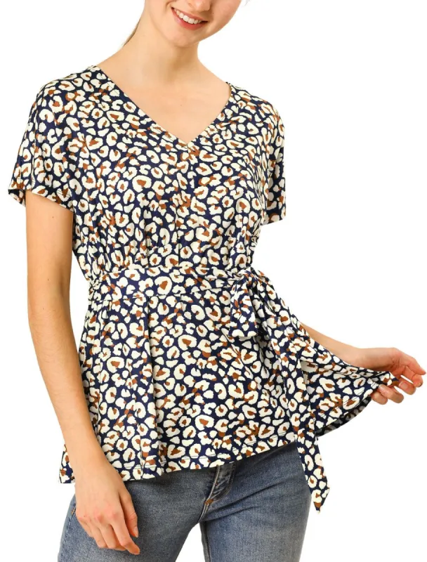 Leopard V Neck Tie Waist Raglan Sleeve Loose Blouse Tops sold by Allegra K