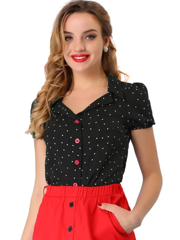 Women's Polka Dots Short Sleeve Piped Button Down Office Top sold by Allegra K