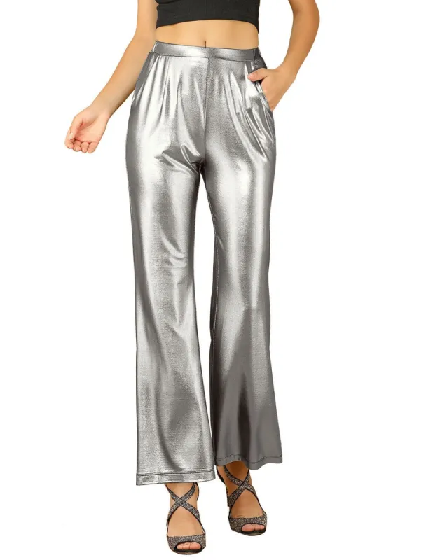 Women's Metallic Party Shiny Sparkle Wide Leg Flare Palazzo Pants sold by Allegra K