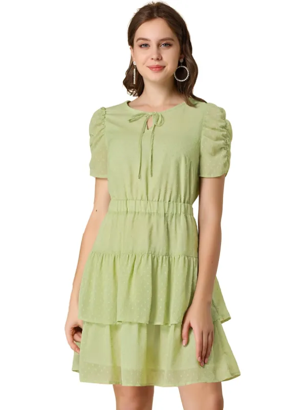 Women's Swiss Dots Dresses Ruched Short Sleeve Layer Ruffle Hem Dress sold by Allegra K