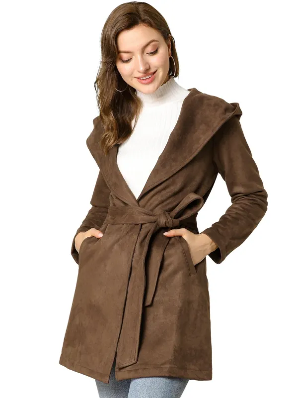 Women's Winter Lapel Hooded Wrap Belted Long Coat with Pockets sold by Allegra K