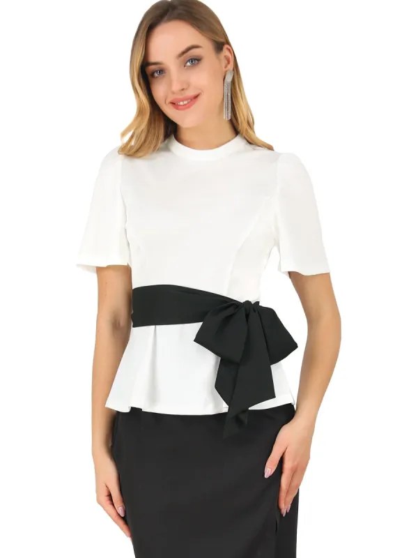 Women's Tie Waist Short Sleeve Keyhole Back Round Neck Belted Shirts Top Blouse sold by Allegra K