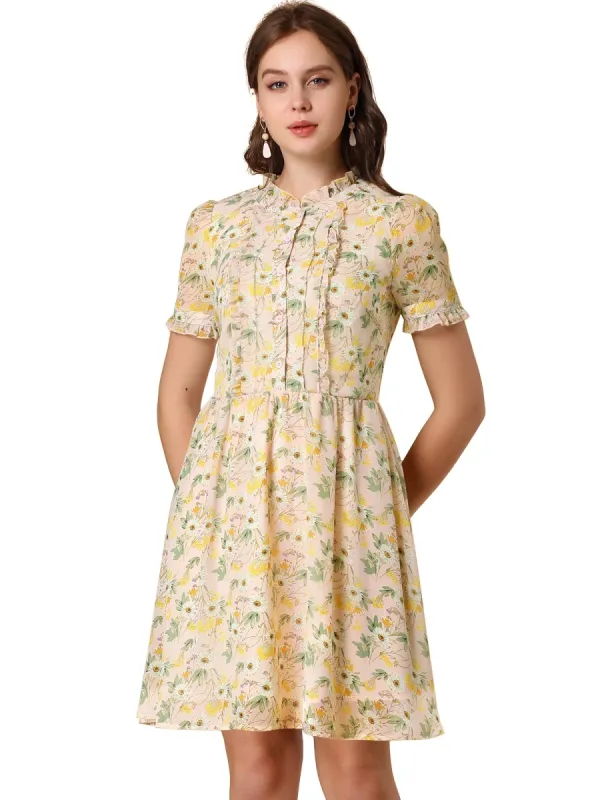 Women's Floral Ruffle Decor Puff Sleeves Chiffon Dress sold by Allegra K