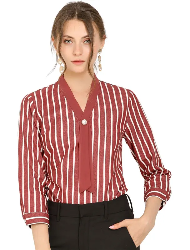 Women's Stripe Tie V Neck 3/4 Sleeves Work Office Blouse Top made by Allegra K