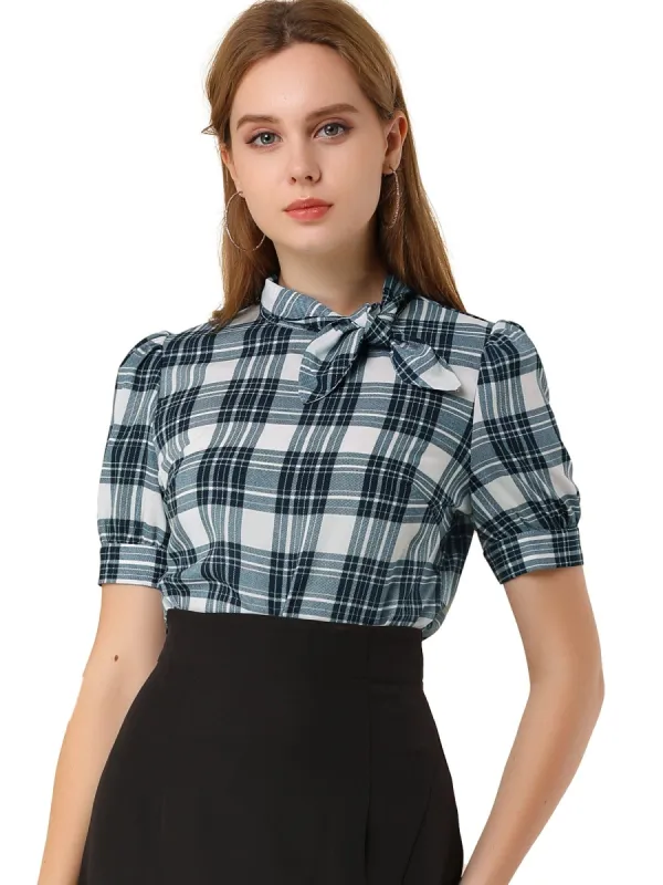 Women's Plaid Tie Collar Neck Blouse Retro Short Puff Short Sleeve Shirt Top sold by Allegra K