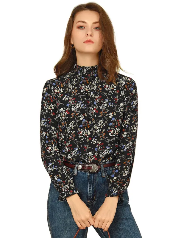 Women's Smocked Ruffled Neck Long Sleeve Floral Vintage Blouse sold by Allegra K