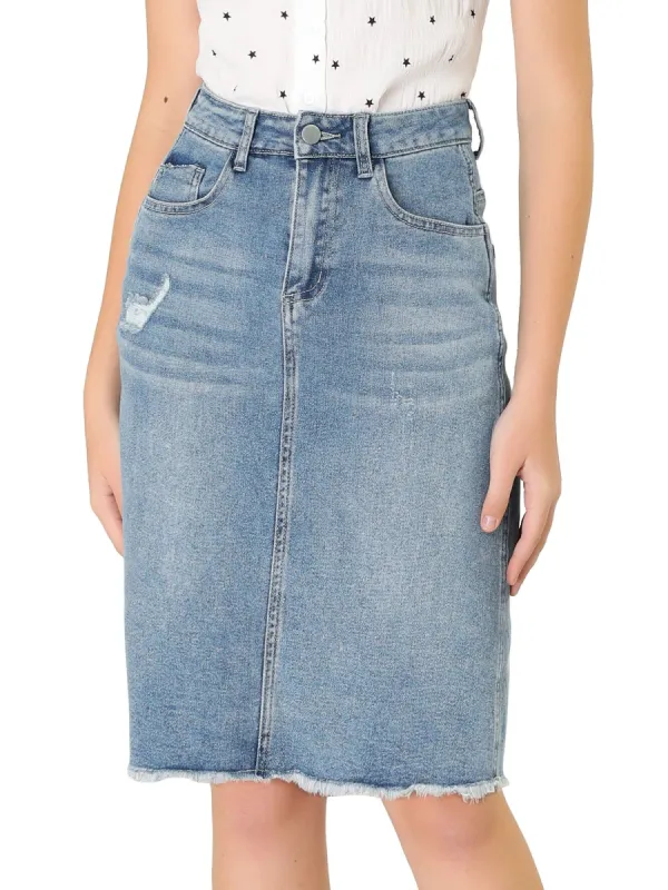 Women's Basic Distressed High Waist Ripped Hem Washed Jeans Denim Skirt sold by Allegra K