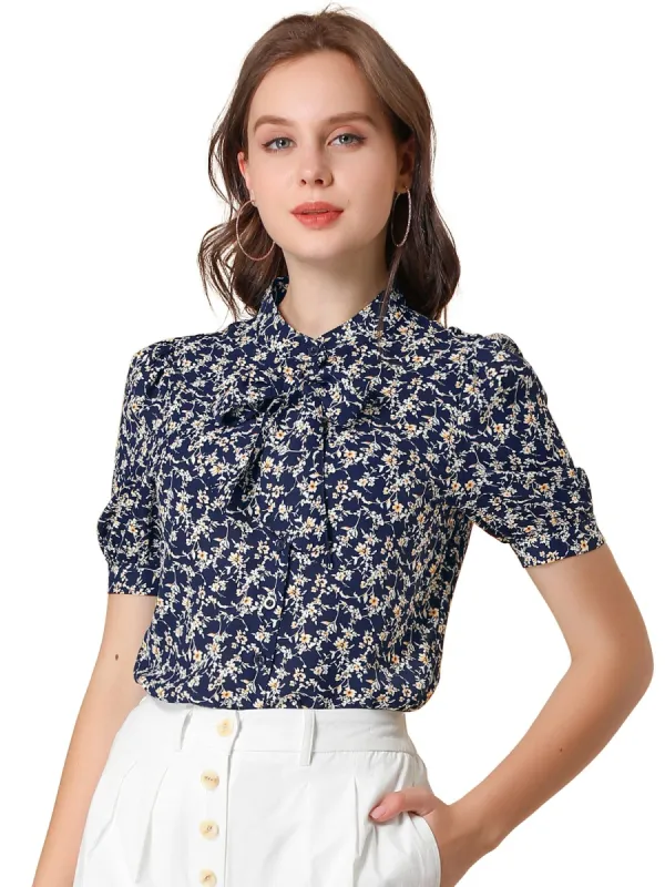 Women's Stand Collar Bow Tie Floral Short Sleeve Work Shirt sold by Allegra K