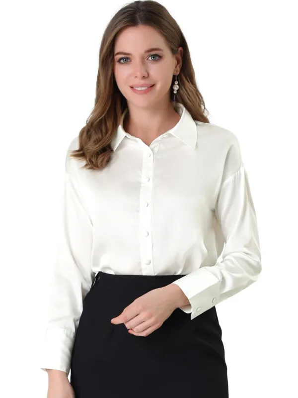 Women's Satin Blouse Long Sleeve Collared Silky Button Down Shirt sold by Allegra K
