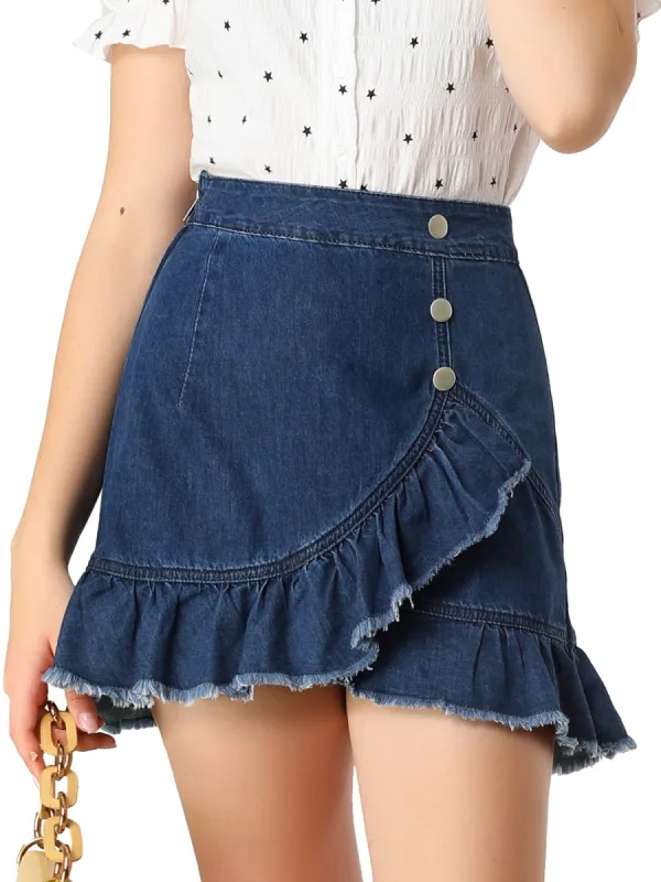 Women's Ruffle High Low Hem Button Front Mini Jeans Denim Skirt sold by Allegra K