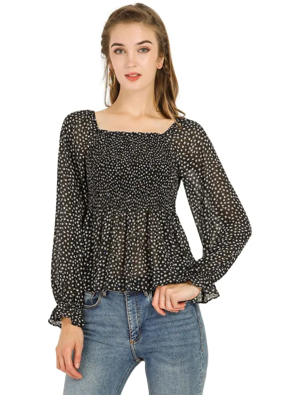 Allegra K Square Neck Long Bell Sleeve Floral Print Smocked Blouse sold by Allegra K