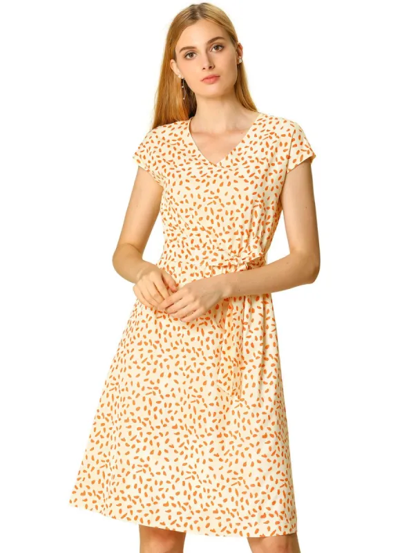 Women's V Neck Printed Belted A-line Dress sold by Allegra K