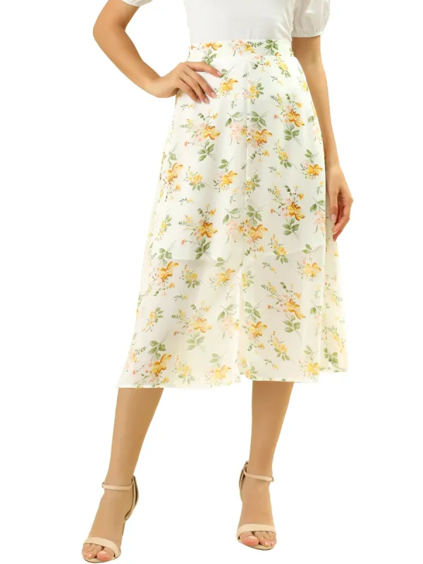 Women's Floral Split Front Summer Casual Elastic Waist Back Flowy Midi A-Line Skirt sold by Allegra K