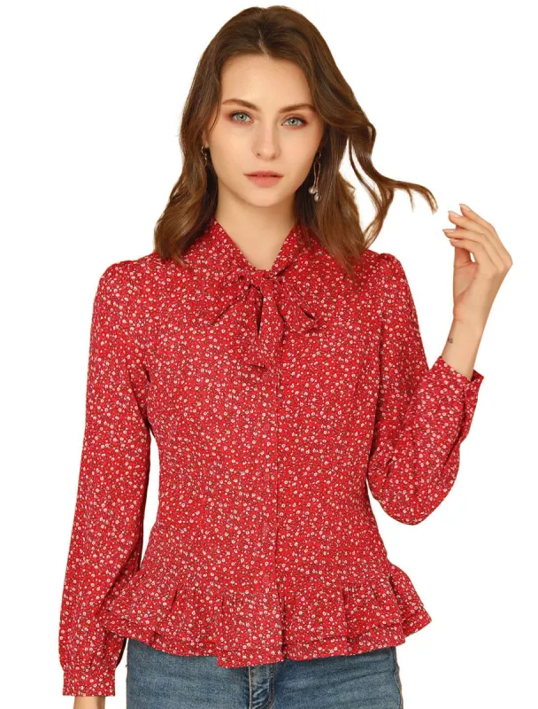 Women's Floral Tie Bow Neck Button Down Ruffle Hem Blouse Shirt sold by Allegra K