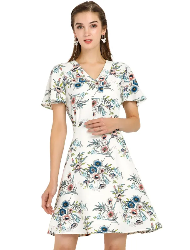 Women's Floral Print Casual V-Neck Short Sleeves A-Line Flare Dress sold by Allegra K
