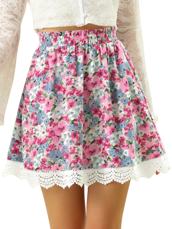 Women's Floral Print skirts Flowy Elastic Waist A-Line Lace Scalloped Hem Mini skirt sold by Allegra K