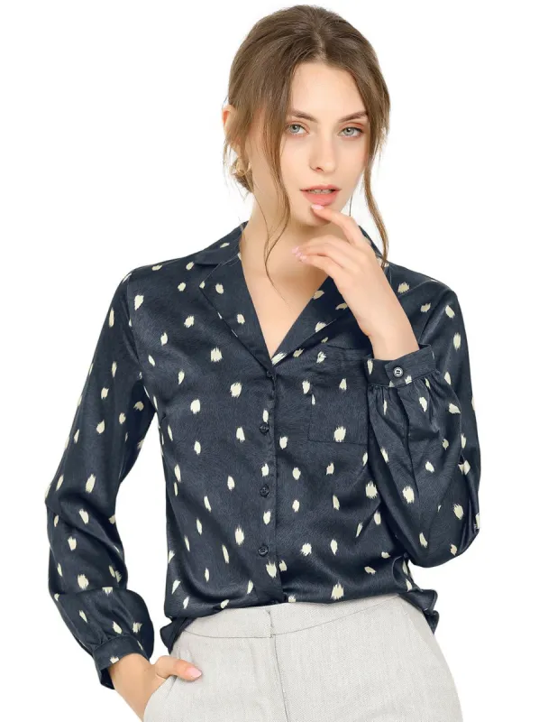 Women's Satin Polka Dots Blouses Elegant Camp Collar Long Sleeve Button Up Shirt sold by Allegra K
