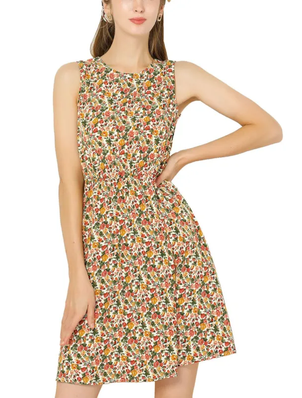 Women's Floral Elastic Waist Sleeveless A-Line Dress sold by Allegra K