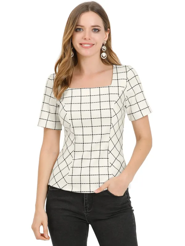 Women's  Square Neck Plaid Check Blouse Office Summer Short Sleeve Shirt Top sold by Allegra K