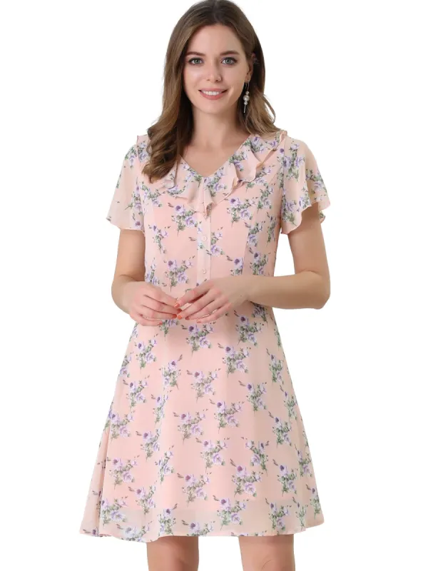 Women's Ruffle Neck Short Sleeve A-Line Flowy Floral Chiffon Mini Dress sold by Allegra K
