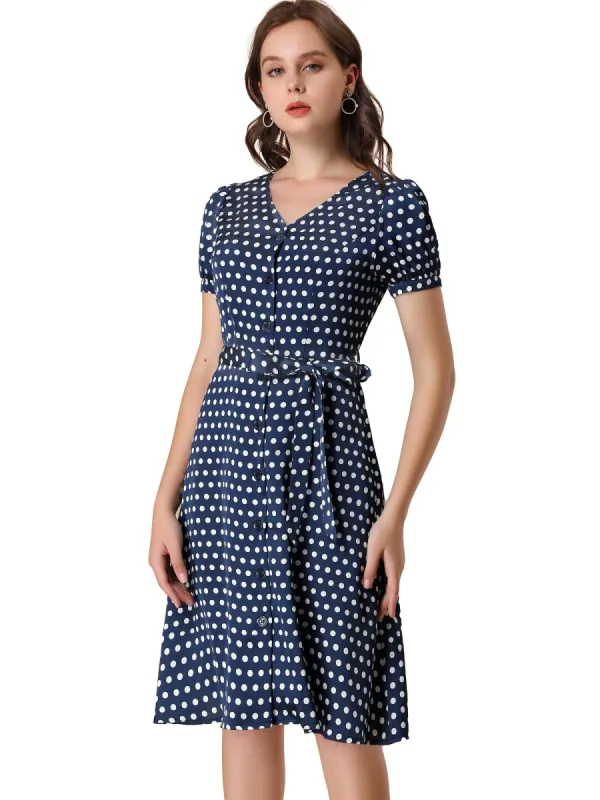 Women's Polka Dots V Neck Puff Sleeve Vintage Belted Button Down Midi Dress sold by Allegra K