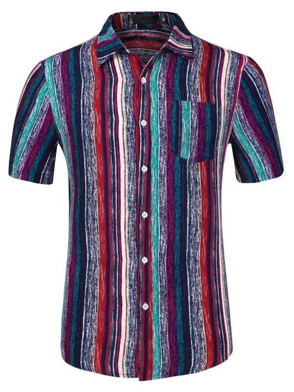 Men's Summer Button Down Short Sleeve Vertical Colorful Striped Shirt sold by Allegra K