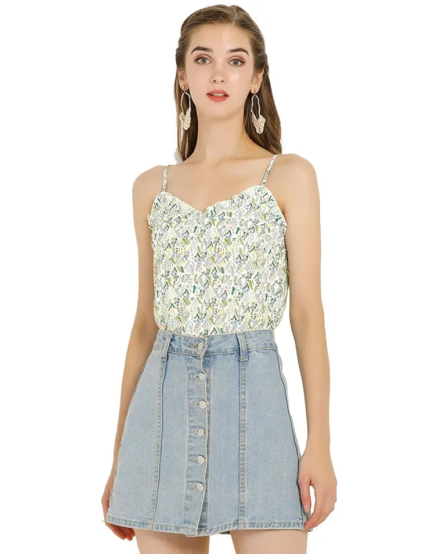 Women's Ditsy Floral Print Tops Sleeveless Spaghetti Strap Casual Ruffle Neck Cami Blouse sold by Allegra K