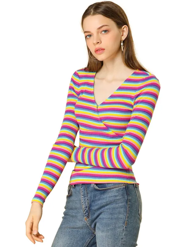Allegra K Faux Wrap Knit Top in Striped Rainbow sold by Allegra K