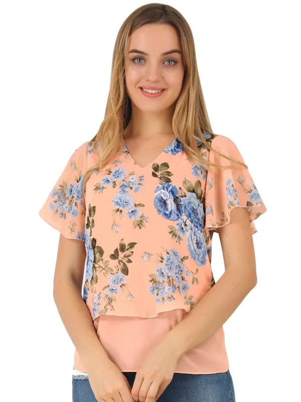Women's Floral Flutter Sleeve Chiffon Layered Top Blouse sold by Allegra K