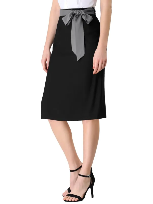 Women's High Waisted Work Office Contrast Color Belted Midi Skirt sold by Allegra K