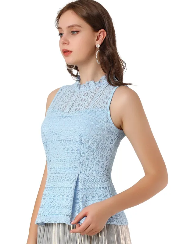 Women's Ruffle Neck Keyhole Back Sleeveless Floral Lace Peplum Top sold by Allegra K