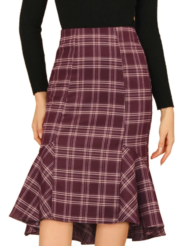 Women's Midi Skirt Plaid Print High Low Ruffle Hem Vintage Fishtail Skirts sold by Allegra K