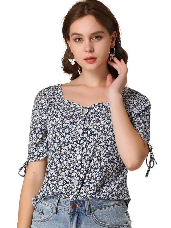 Women's Sweetheart Neck Tie Cuff Button Up Dense Floral Blouse sold by Allegra K
